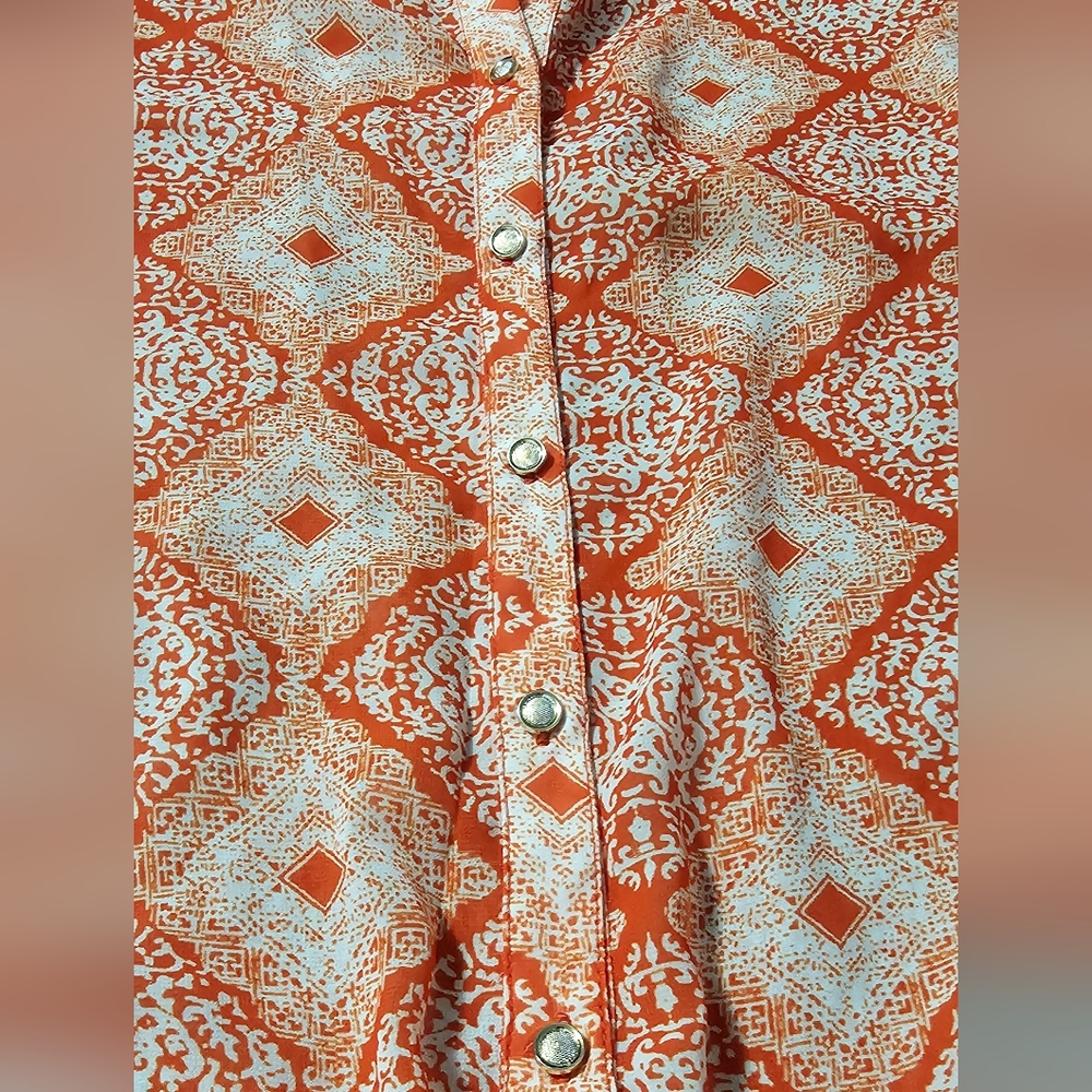Kut From The Kloth | Orange Geometric Sheer Button Down Blouse - Picture 10 of 10
